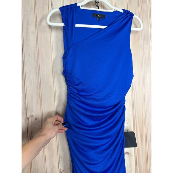 NWT Lulus Enticing Darling Royal Blue Asymmetrical Ruched Maxi Dress Gala Sz S - Picture 6 of 9